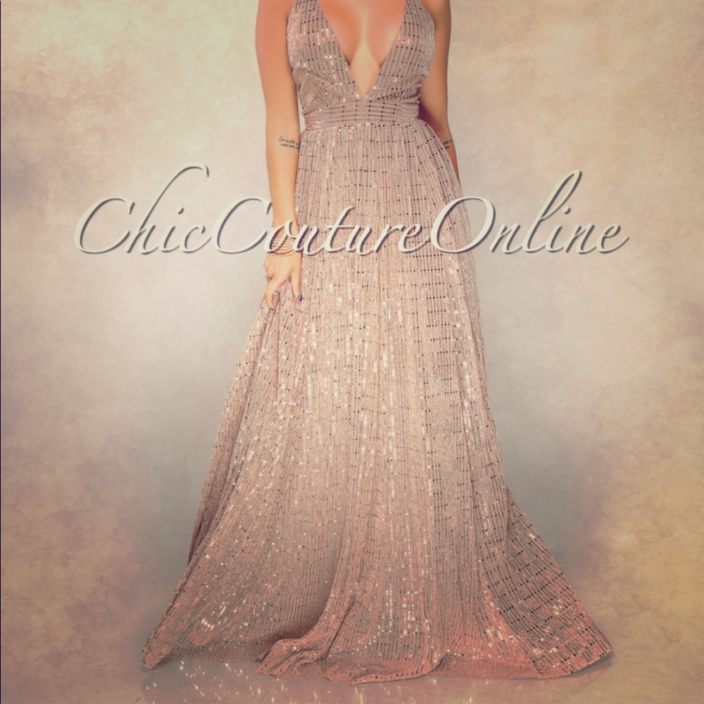Taupe Sequins Accent Maxi Dress